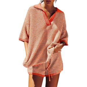 Tankaneo Womens Sweater Set 2 Piece Outfits Oversized 3/4 Sleeve V Neck Knit Tops High Waisted Shorts Lounge Sets(Orange-white)