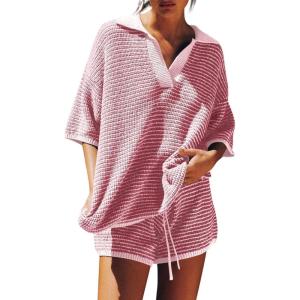 Tankaneo Womens Sweater Set 2 Piece Outfits Oversized 3/4 Sleeve V Neck Knit Tops High Waisted Shorts Lounge Sets(Pink)