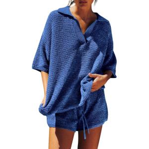 Tankaneo Womens Sweater Set 2 Piece Outfits Oversized 3/4 Sleeve V Neck Knit Tops High Waisted Shorts Lounge Sets(Pure Blue)