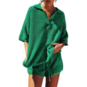 Tankaneo Womens Sweater Set 2 Piece Outfits Oversized 3/4 Sleeve V Neck Knit Tops High Waisted Shorts Lounge Sets(Pure Green)