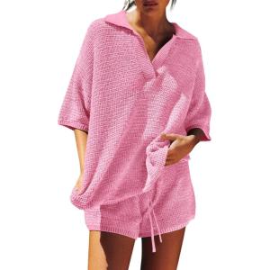 Tankaneo Womens Sweater Set 2 Piece Outfits Oversized 3/4 Sleeve V Neck Knit Tops High Waisted Shorts Lounge Sets(Pure Pink)