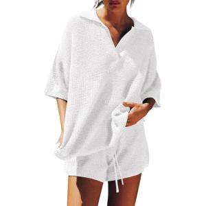 Tankaneo Womens Sweater Set 2 Piece Outfits Oversized 3/4 Sleeve V Neck Knit Tops High Waisted Shorts Lounge Sets(Pure White)
