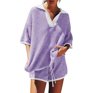Tankaneo Womens Sweater Set 2 Piece Outfits Oversized 3/4 Sleeve V Neck Knit Tops High Waisted Shorts Lounge Sets(Purple-white)