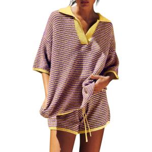 Tankaneo Womens Sweater Set 2 Piece Outfits Oversized 3/4 Sleeve V Neck Knit Tops High Waisted Shorts Lounge Sets(Purple-yellow)