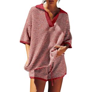 Tankaneo Womens Sweater Set 2 Piece Outfits Oversized 3/4 Sleeve V Neck Knit Tops High Waisted Shorts Lounge Sets(Red-white)
