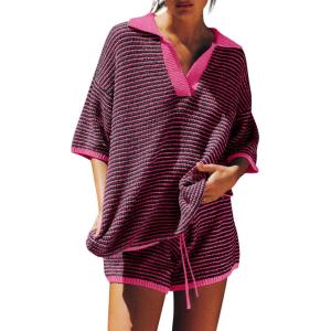 Tankaneo Womens Sweater Set 2 Piece Outfits Oversized 3/4 Sleeve V Neck Knit Tops High Waisted Shorts Lounge Sets(Rose Red-black)