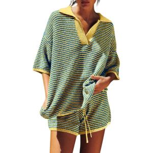 Tankaneo Womens Sweater Set 2 Piece Outfits Oversized 3/4 Sleeve V Neck Knit Tops High Waisted Shorts Lounge Sets(Royal Blue-yellow)