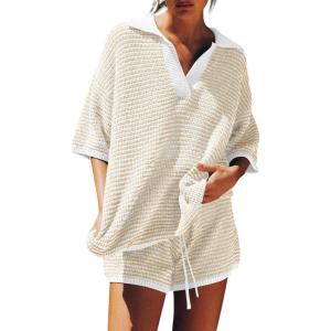 Tankaneo Womens Sweater Set 2 Piece Outfits Oversized 3/4 Sleeve V Neck Knit Tops High Waisted Shorts Lounge Sets(White-beige)