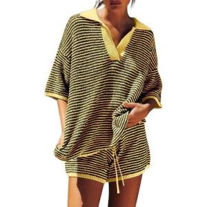 Tankaneo Womens Sweater Set 2 Piece Outfits Oversized 3/4 Sleeve V Neck Knit Tops High Waisted Shorts Lounge Sets(Yellow-black)