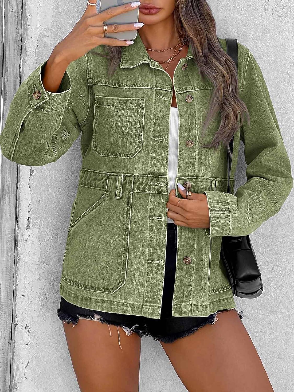 imageTankaneo Denim Jacket for Women Distressed Jean Jacket Button Down Oversized Shacket with Pockets 2025Army Green