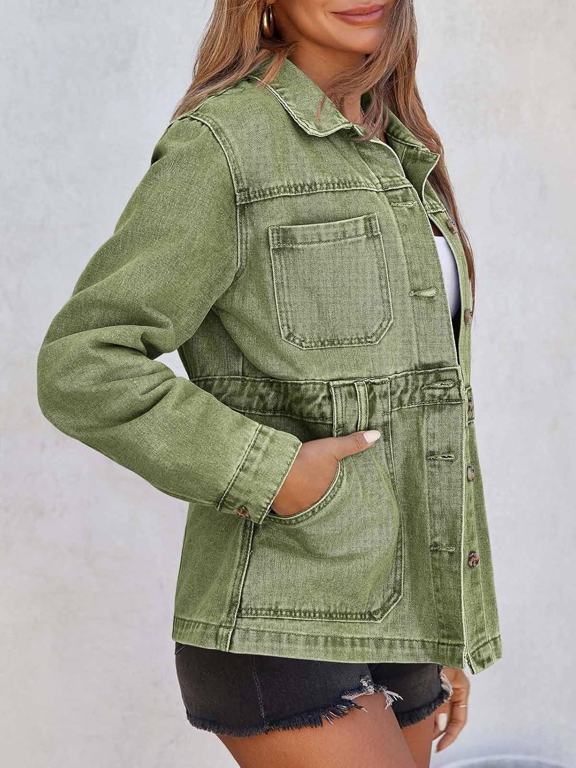 imageTankaneo Denim Jacket for Women Distressed Jean Jacket Button Down Oversized Shacket with Pockets 2025Army Green