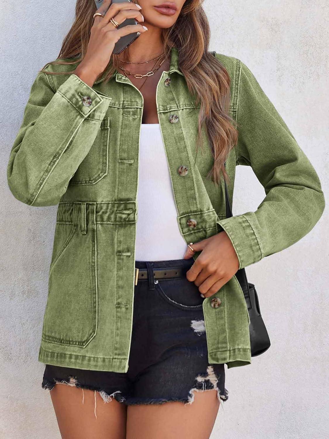 imageTankaneo Denim Jacket for Women Distressed Jean Jacket Button Down Oversized Shacket with Pockets 2025Army Green