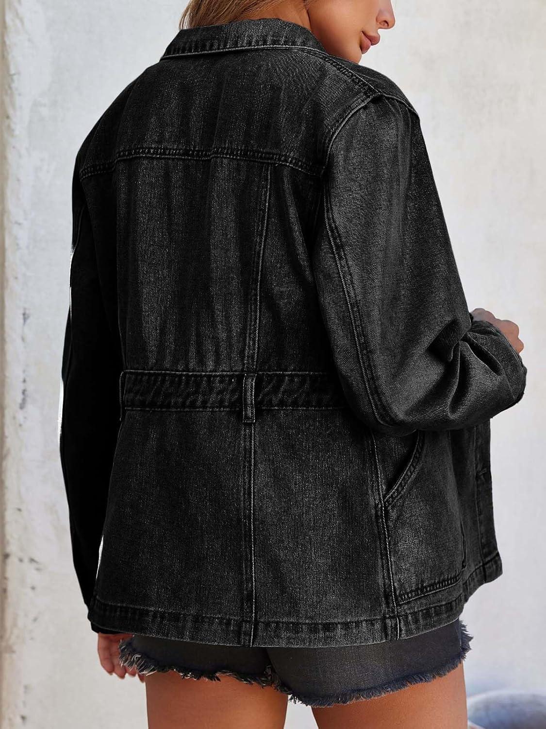 imageTankaneo Denim Jacket for Women Distressed Jean Jacket Button Down Oversized Shacket with Pockets 2025Black