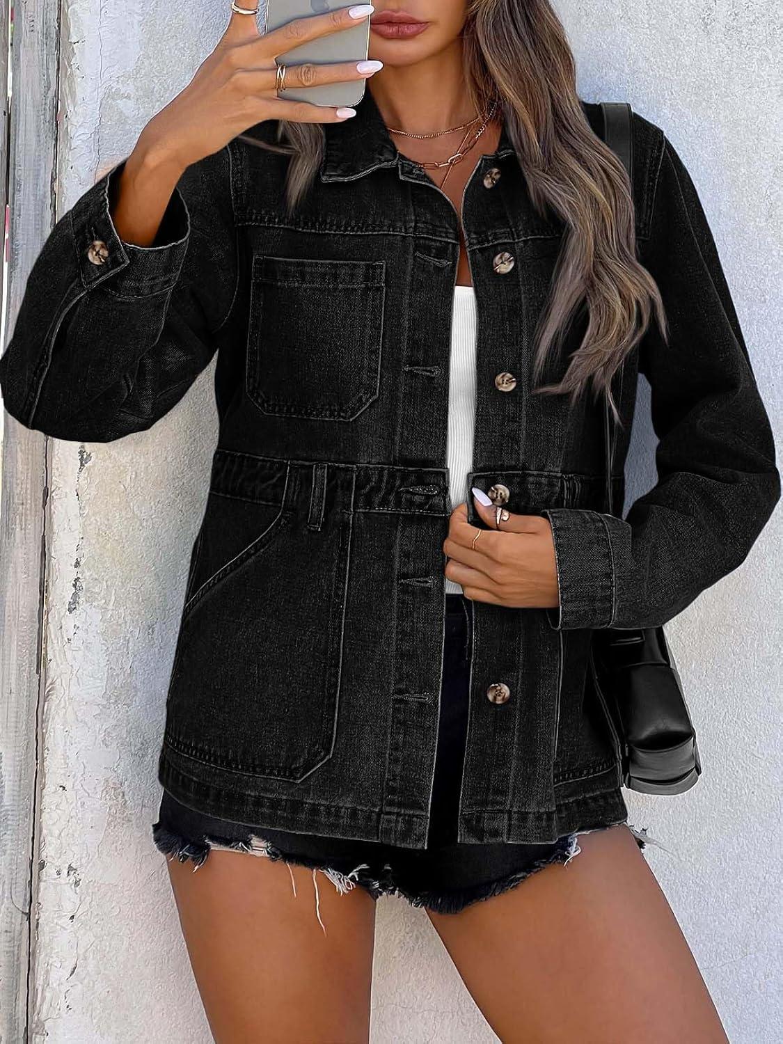 imageTankaneo Denim Jacket for Women Distressed Jean Jacket Button Down Oversized Shacket with Pockets 2025Black