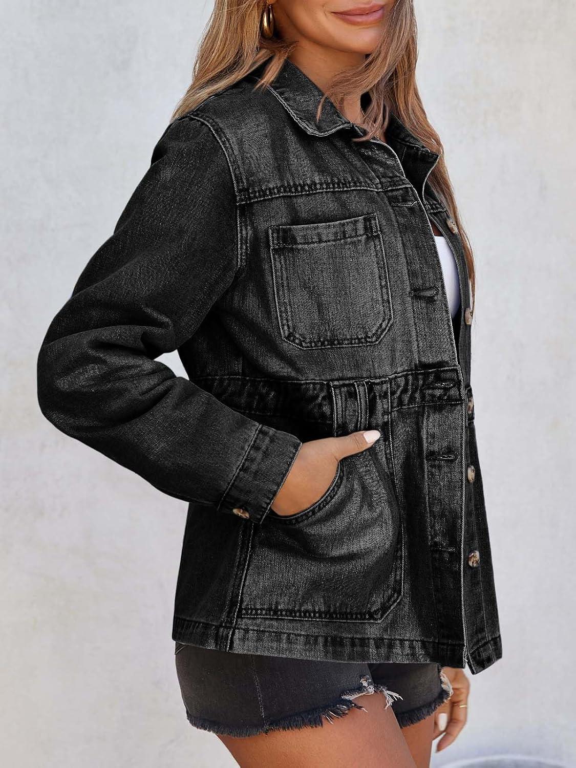 imageTankaneo Denim Jacket for Women Distressed Jean Jacket Button Down Oversized Shacket with Pockets 2025Black