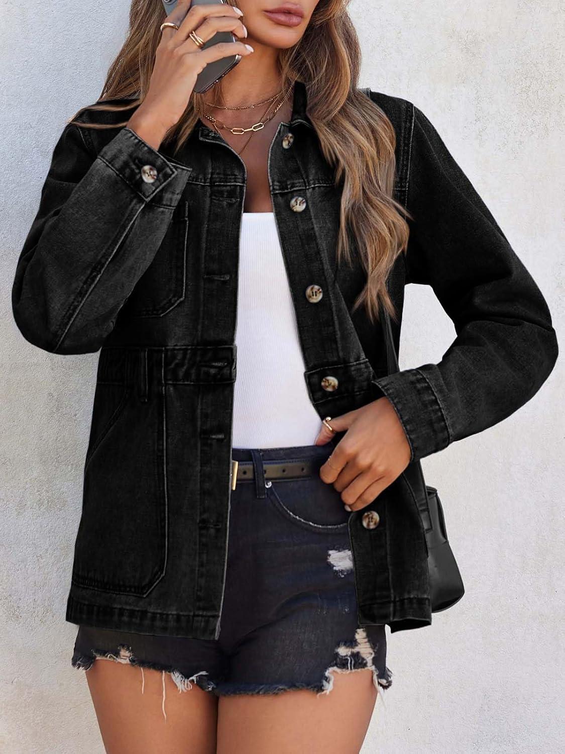 imageTankaneo Denim Jacket for Women Distressed Jean Jacket Button Down Oversized Shacket with Pockets 2025Black