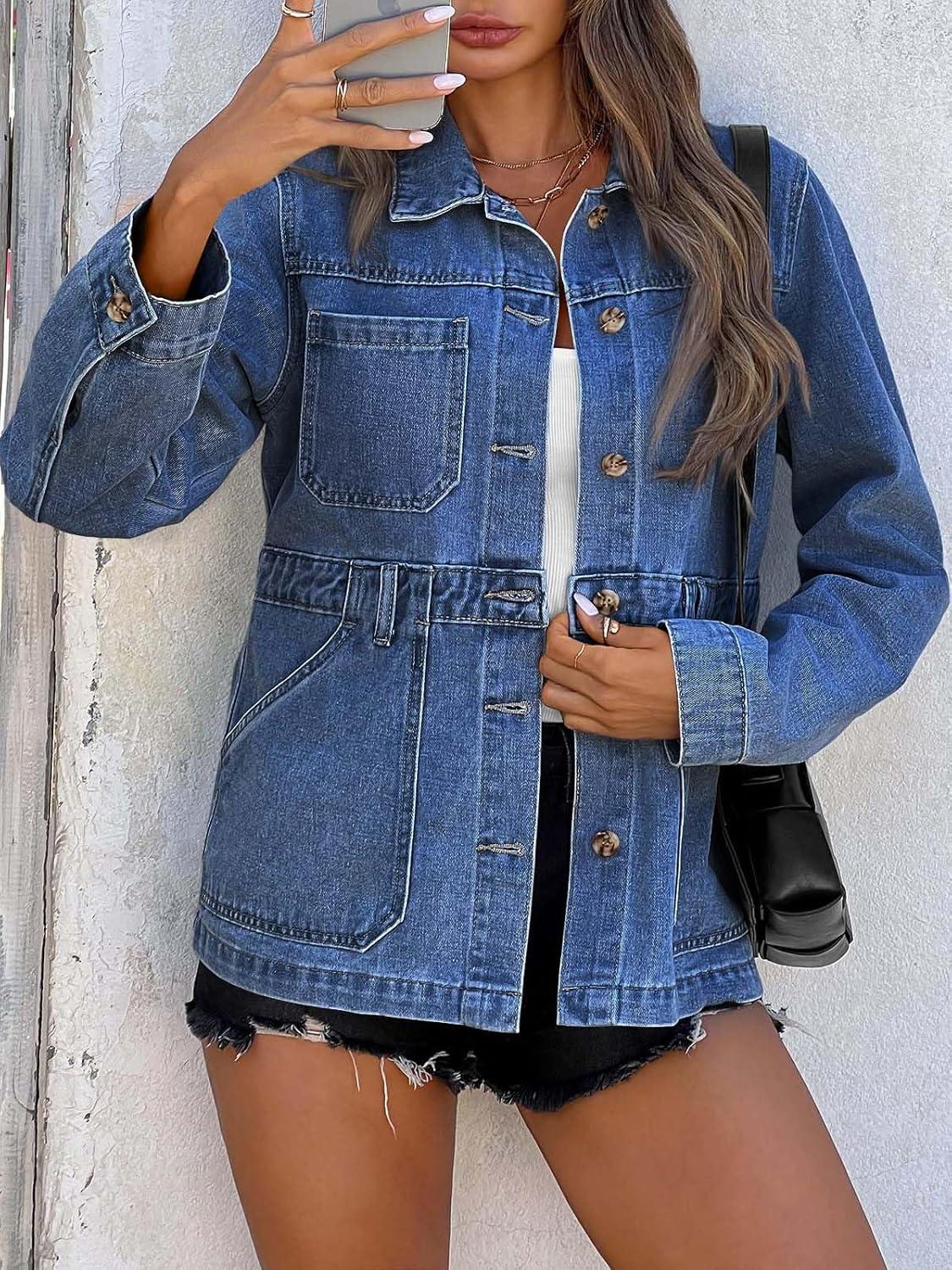 imageTankaneo Denim Jacket for Women Distressed Jean Jacket Button Down Oversized Shacket with Pockets 2025Blue