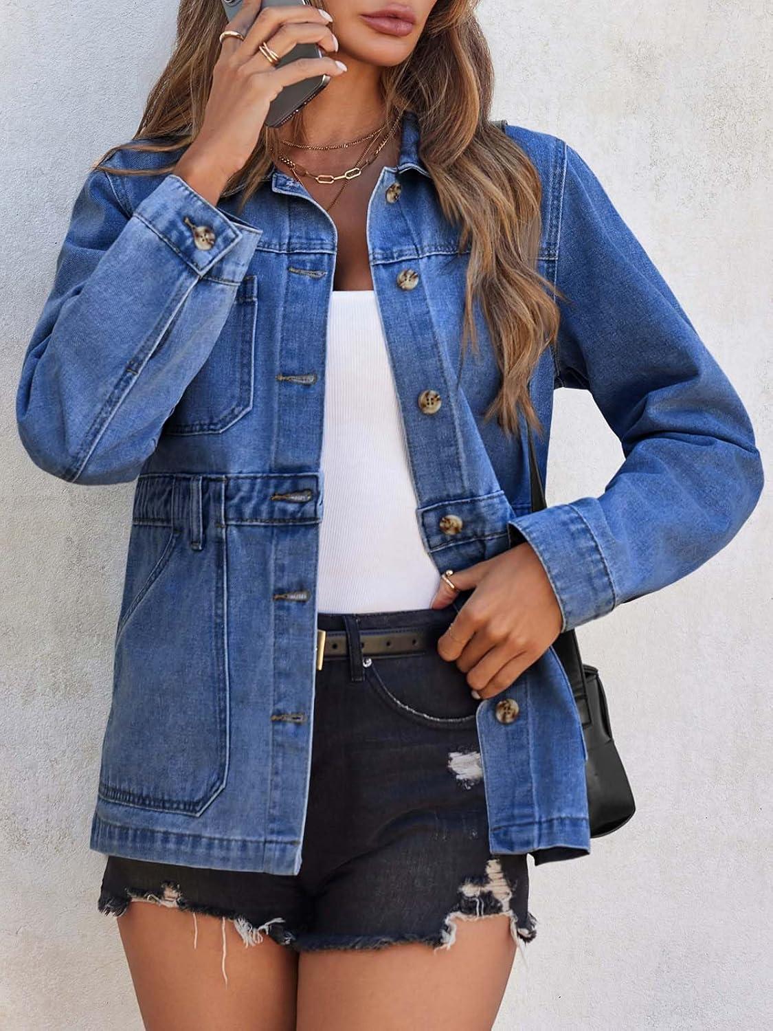 imageTankaneo Denim Jacket for Women Distressed Jean Jacket Button Down Oversized Shacket with Pockets 2025Blue