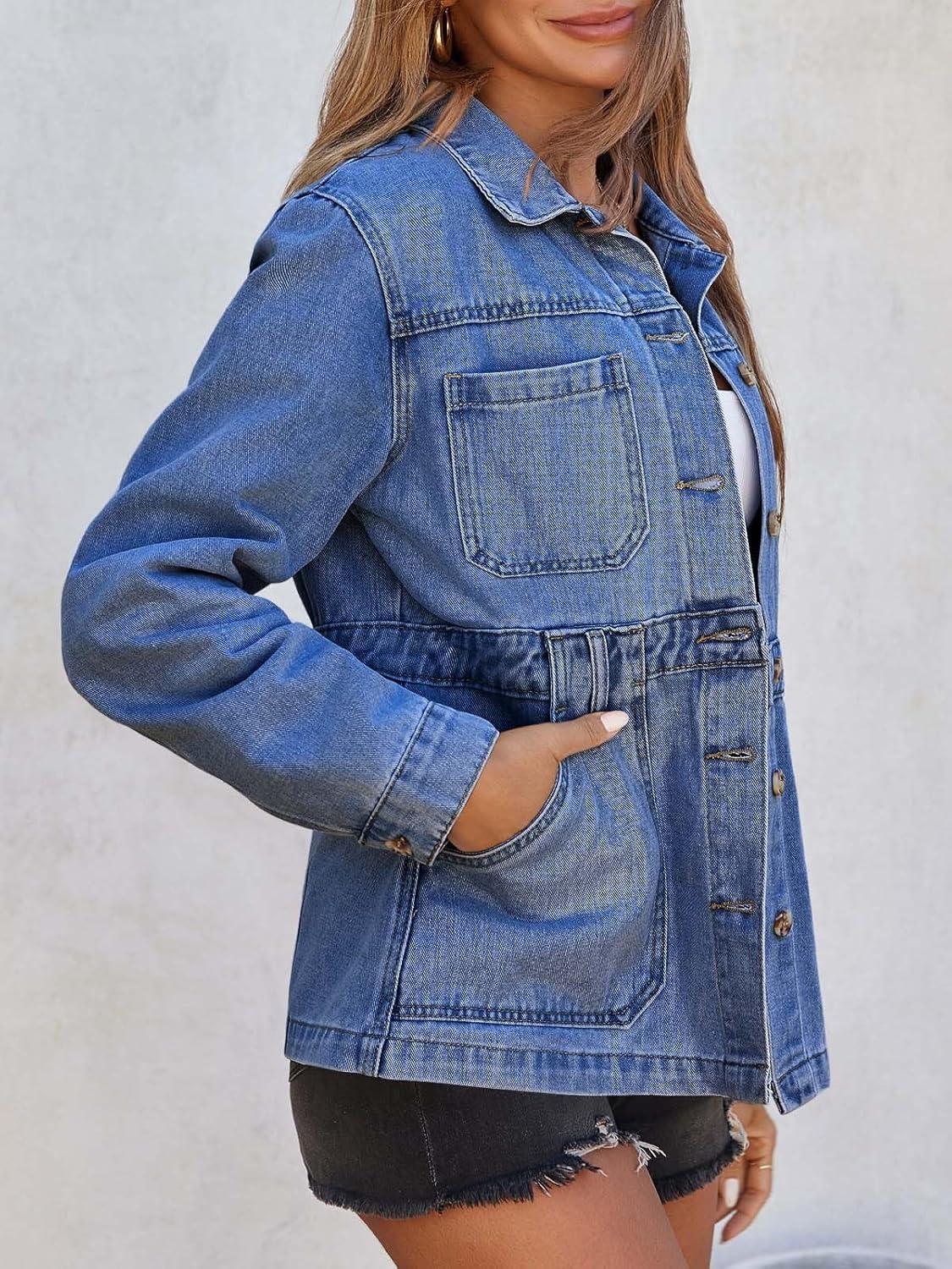 imageTankaneo Denim Jacket for Women Distressed Jean Jacket Button Down Oversized Shacket with Pockets 2025Blue
