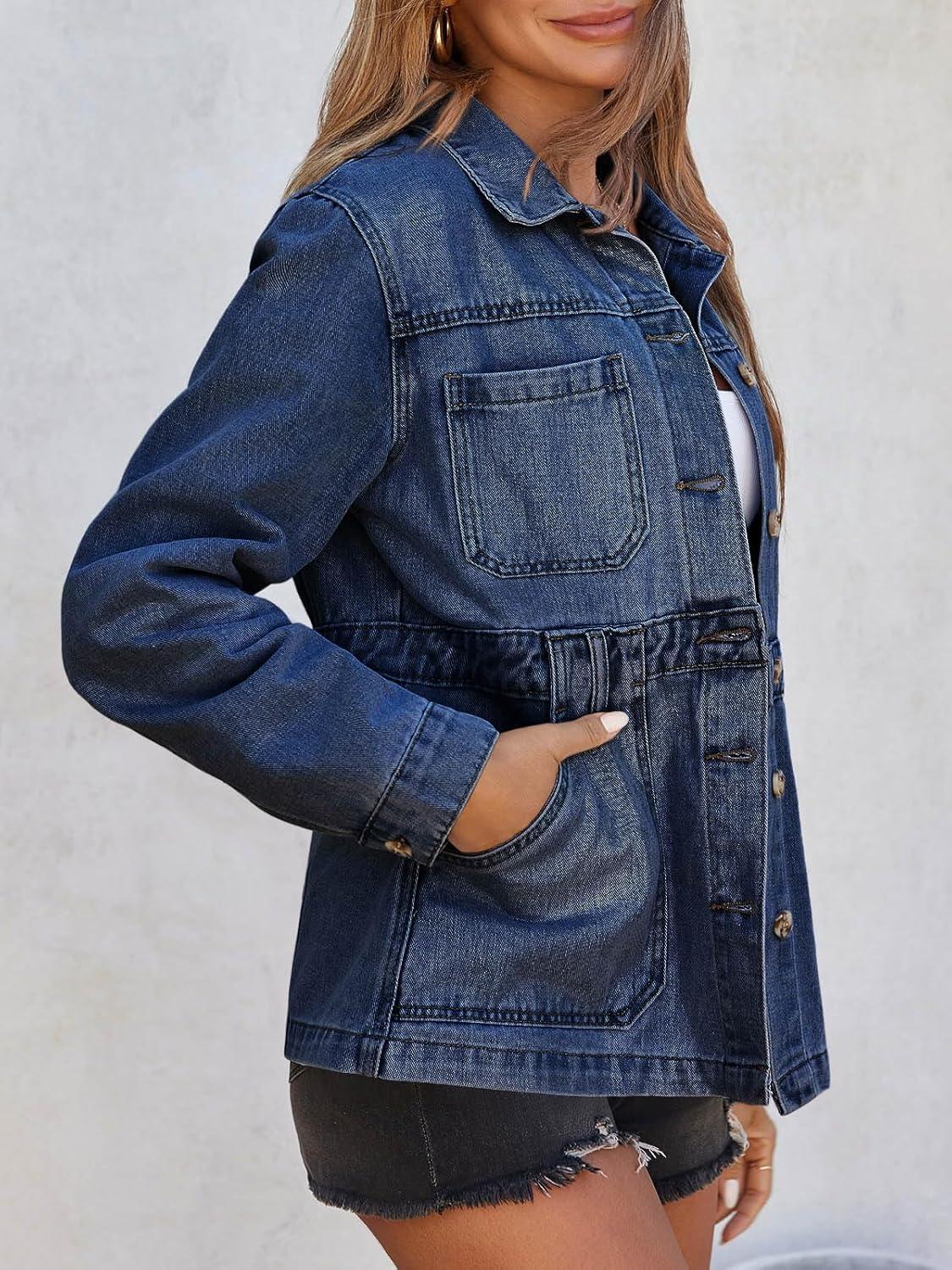 imageTankaneo Denim Jacket for Women Distressed Jean Jacket Button Down Oversized Shacket with Pockets 2025Dark Blue