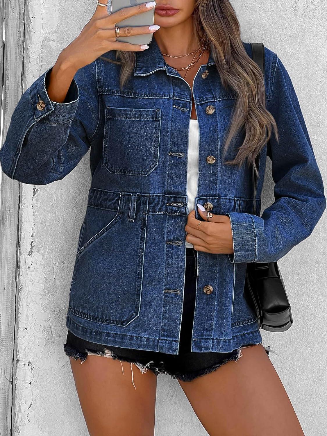 imageTankaneo Denim Jacket for Women Distressed Jean Jacket Button Down Oversized Shacket with Pockets 2025Dark Blue