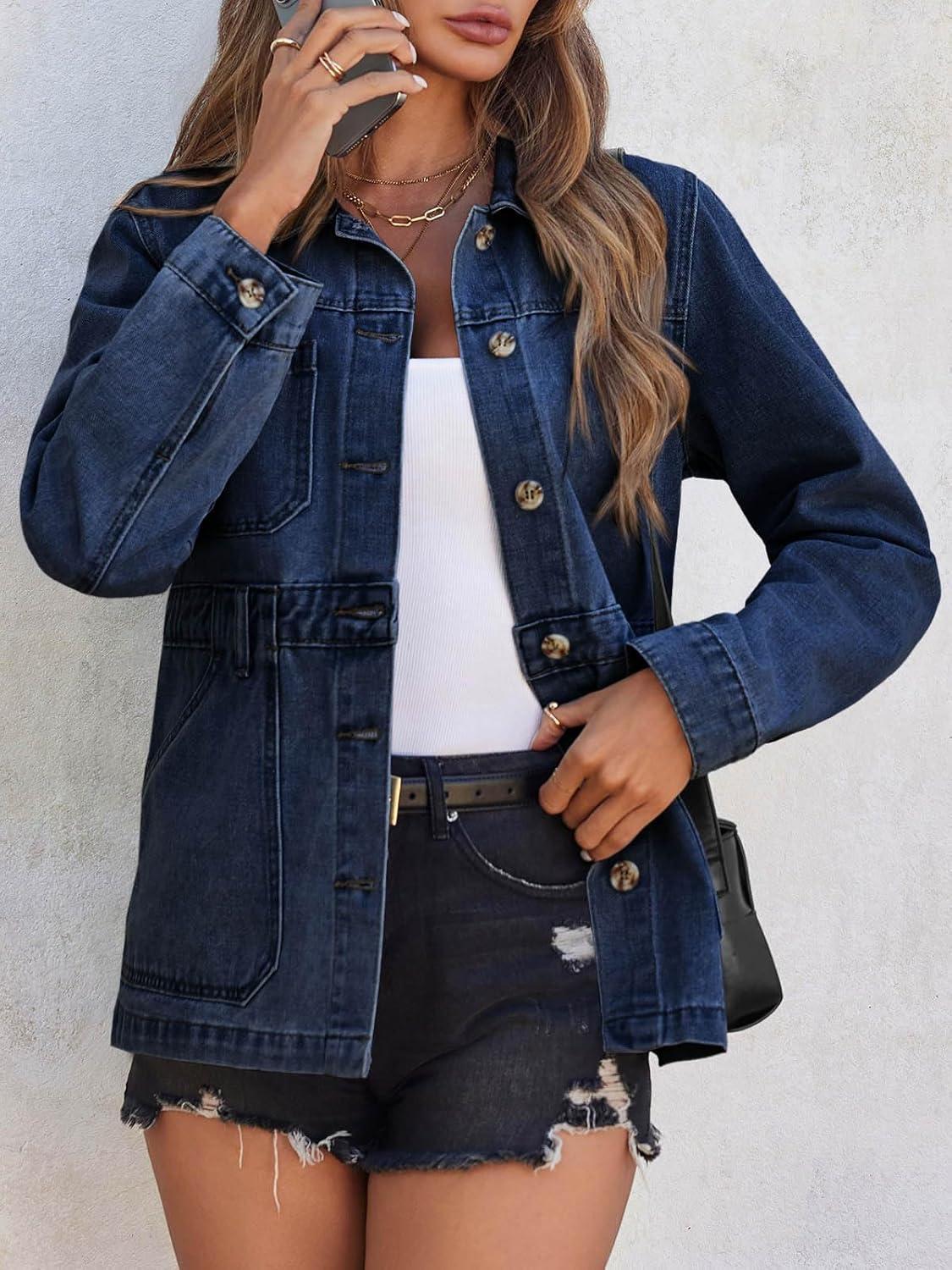 imageTankaneo Denim Jacket for Women Distressed Jean Jacket Button Down Oversized Shacket with Pockets 2025Dark Blue