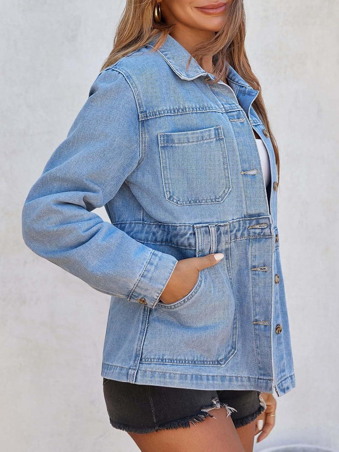 imageTankaneo Denim Jacket for Women Distressed Jean Jacket Button Down Oversized Shacket with Pockets 2025Light Blue