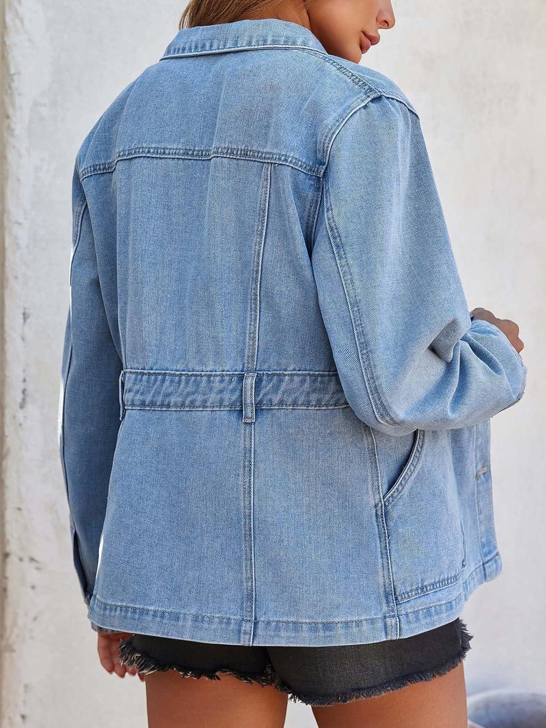 imageTankaneo Denim Jacket for Women Distressed Jean Jacket Button Down Oversized Shacket with Pockets 2025Light Blue