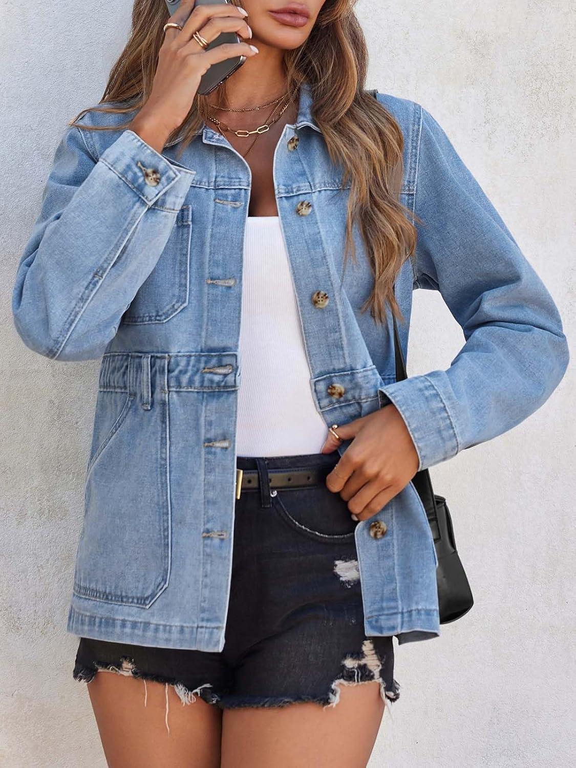 imageTankaneo Denim Jacket for Women Distressed Jean Jacket Button Down Oversized Shacket with Pockets 2025Light Blue