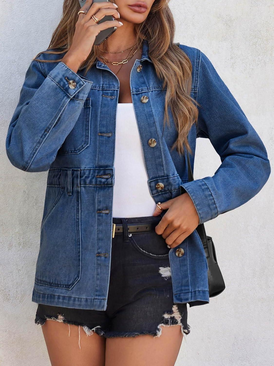 imageTankaneo Denim Jacket for Women Distressed Jean Jacket Button Down Oversized Shacket with Pockets 2025Navy