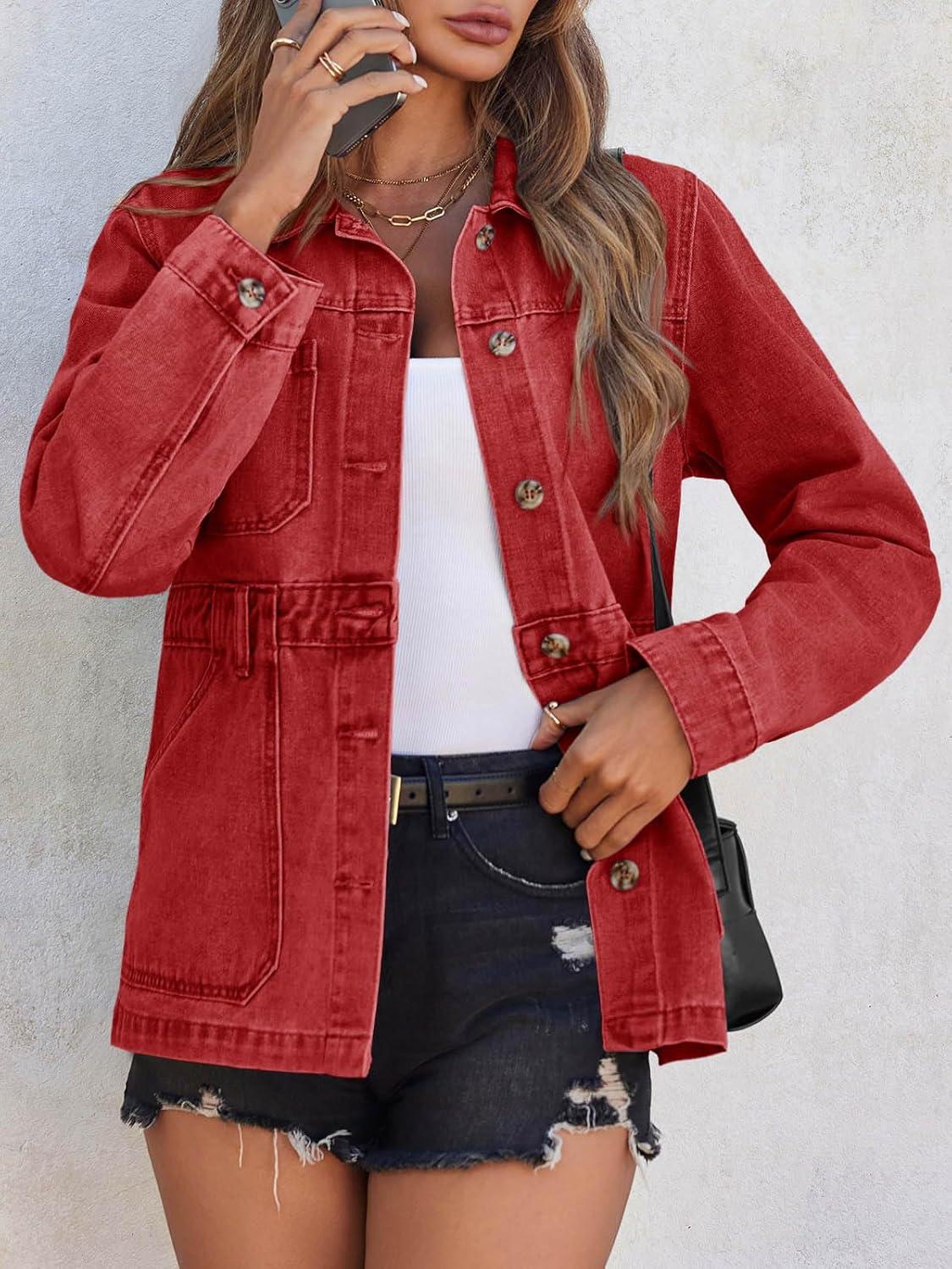 imageTankaneo Denim Jacket for Women Distressed Jean Jacket Button Down Oversized Shacket with Pockets 2025Red