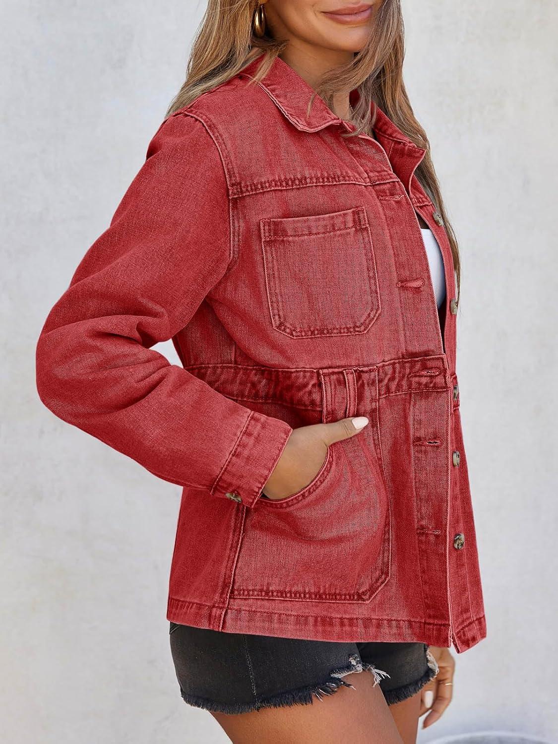 imageTankaneo Denim Jacket for Women Distressed Jean Jacket Button Down Oversized Shacket with Pockets 2025Red