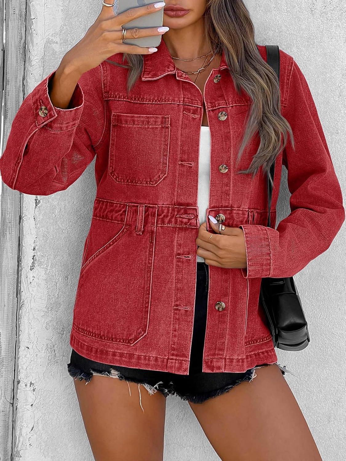 imageTankaneo Denim Jacket for Women Distressed Jean Jacket Button Down Oversized Shacket with Pockets 2025Red