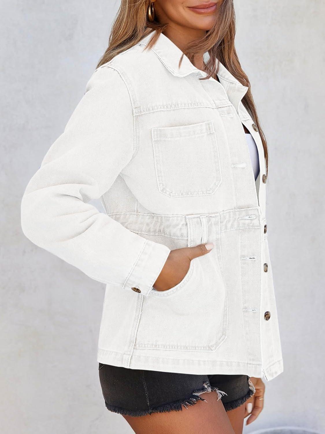 imageTankaneo Denim Jacket for Women Distressed Jean Jacket Button Down Oversized Shacket with Pockets 2025White