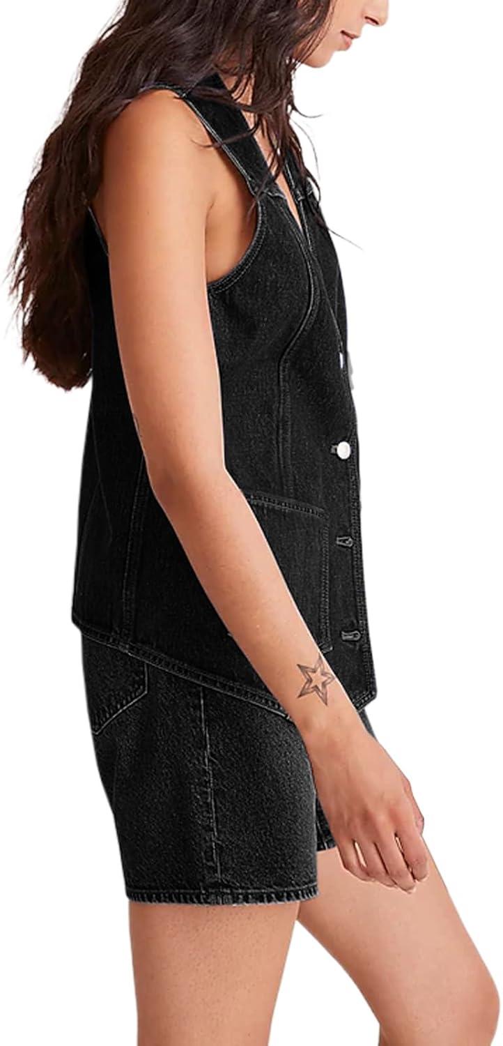 imageTankaneo Denim Vest for Women Casual V Neck Button Down Sleeveless Jean JacketBlack