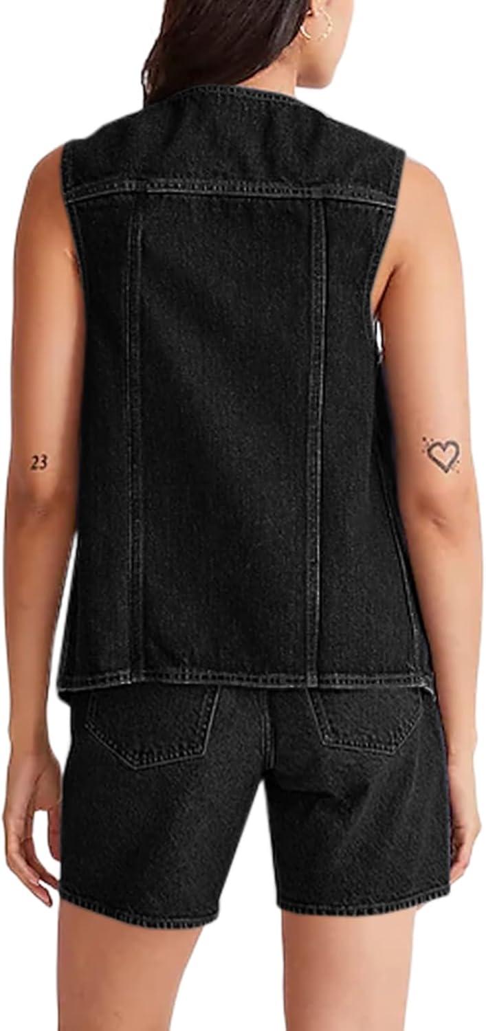 imageTankaneo Denim Vest for Women Casual V Neck Button Down Sleeveless Jean JacketBlack