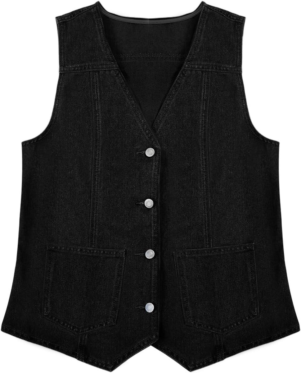 imageTankaneo Denim Vest for Women Casual V Neck Button Down Sleeveless Jean JacketBlack