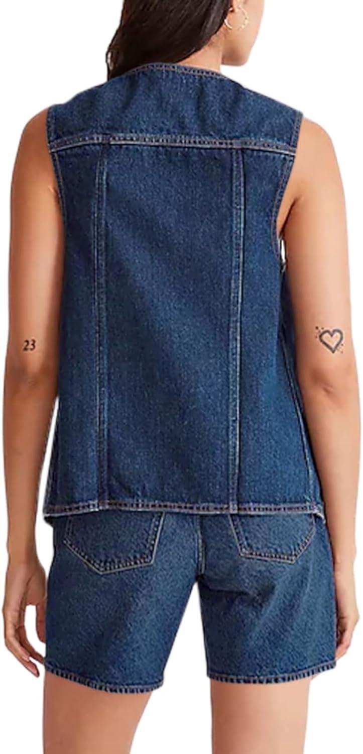 imageTankaneo Denim Vest for Women Casual V Neck Button Down Sleeveless Jean JacketNavy Blue