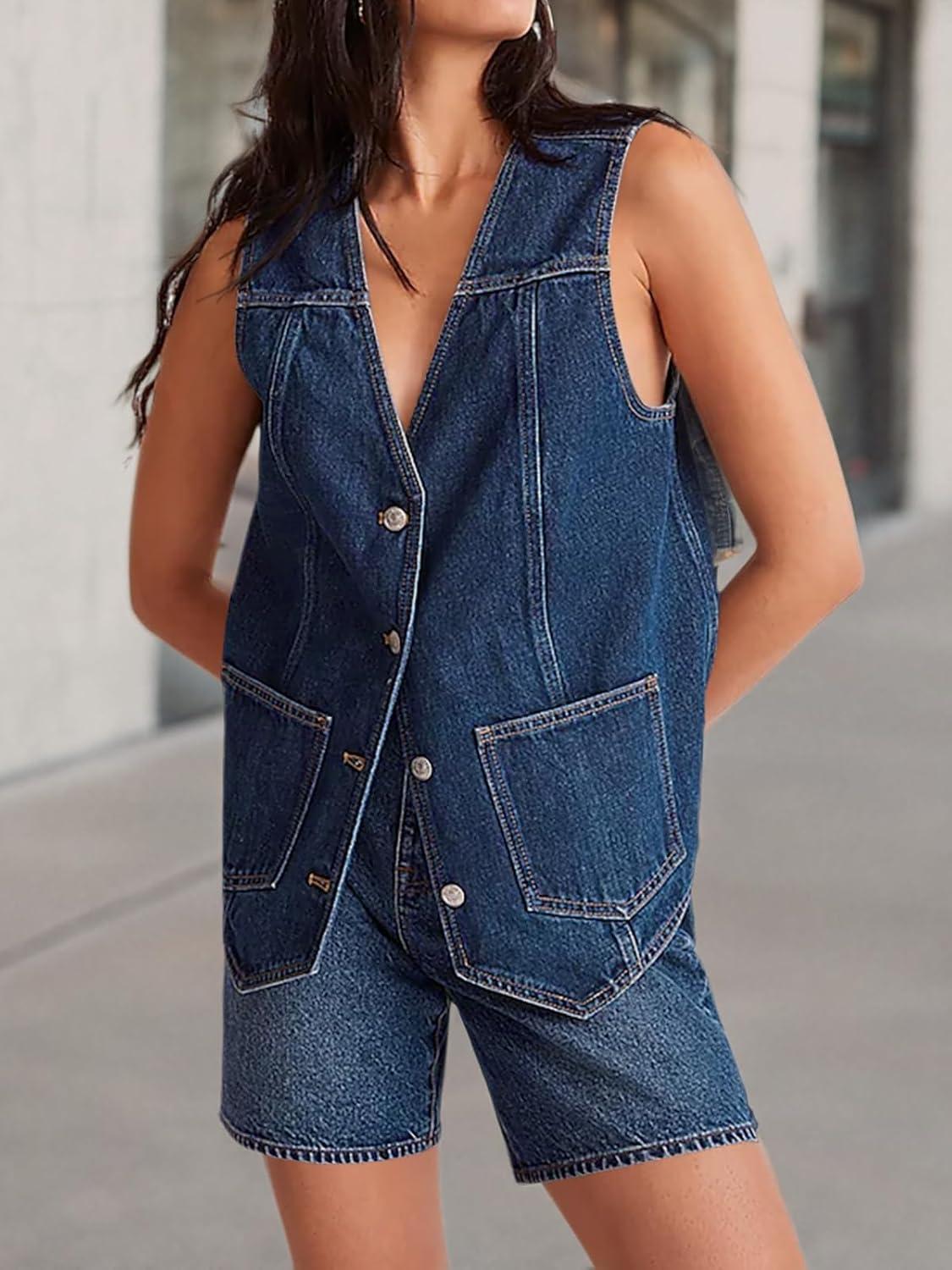 imageTankaneo Denim Vest for Women Casual V Neck Button Down Sleeveless Jean JacketNavy Blue