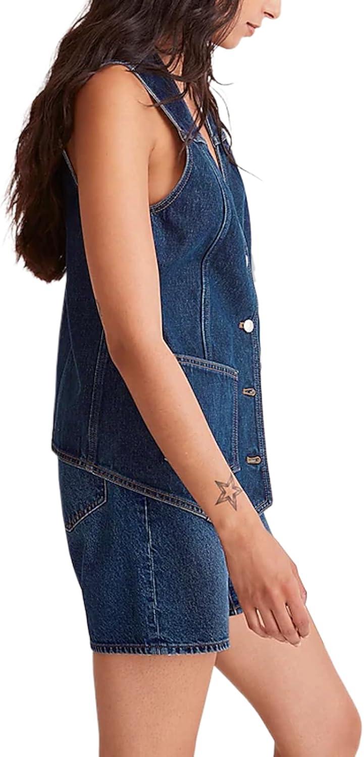 imageTankaneo Denim Vest for Women Casual V Neck Button Down Sleeveless Jean JacketNavy Blue