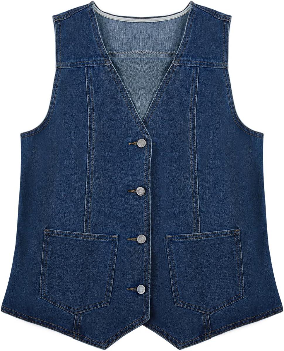 imageTankaneo Denim Vest for Women Casual V Neck Button Down Sleeveless Jean JacketNavy Blue