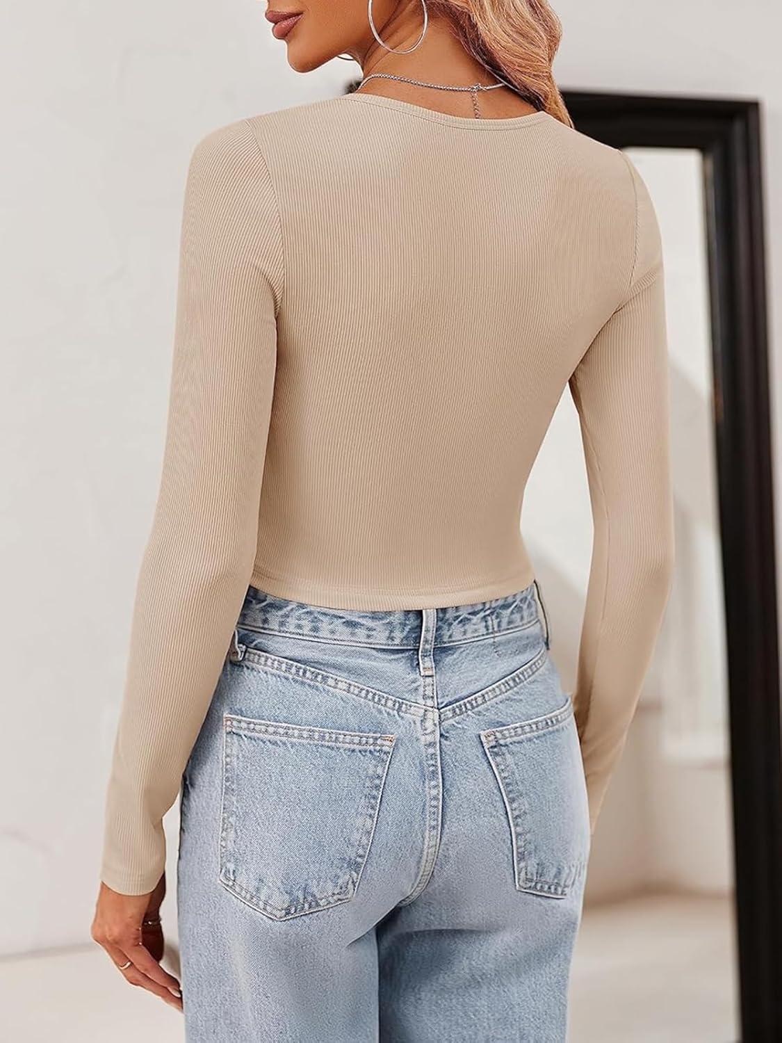 imageTankaneo Women Crop Tops Long Sleeve Ribbed Slim Fit Workout Cropped Tee Y2K Short TShirtsApricot