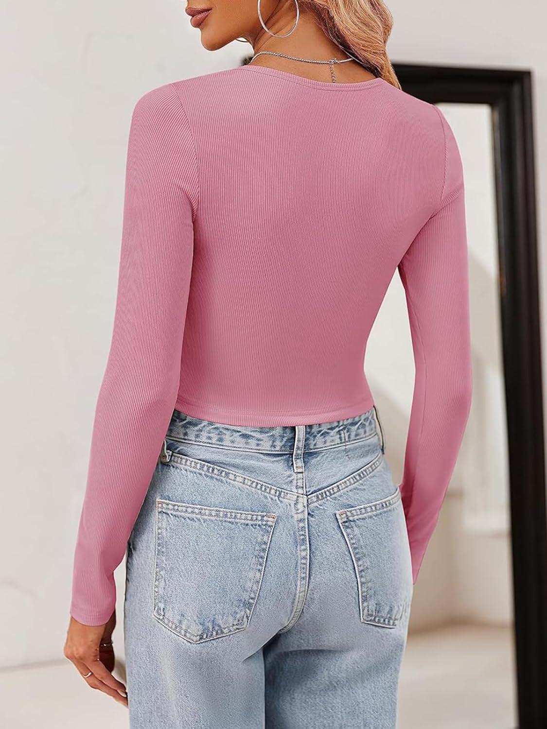 imageTankaneo Women Crop Tops Long Sleeve Ribbed Slim Fit Workout Cropped Tee Y2K Short TShirtsPink
