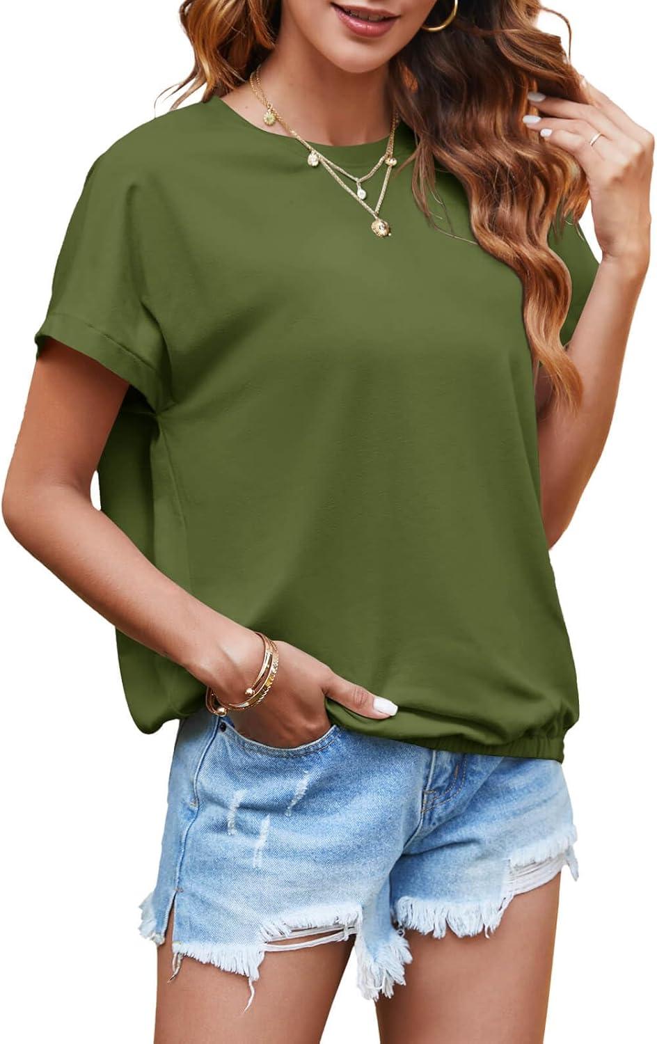 imageTankaneo Women Short Cap Sleeve Tops Summer Casual Banded Sweatshirt Crew Neck Loose Fit TShirtsArmy Green