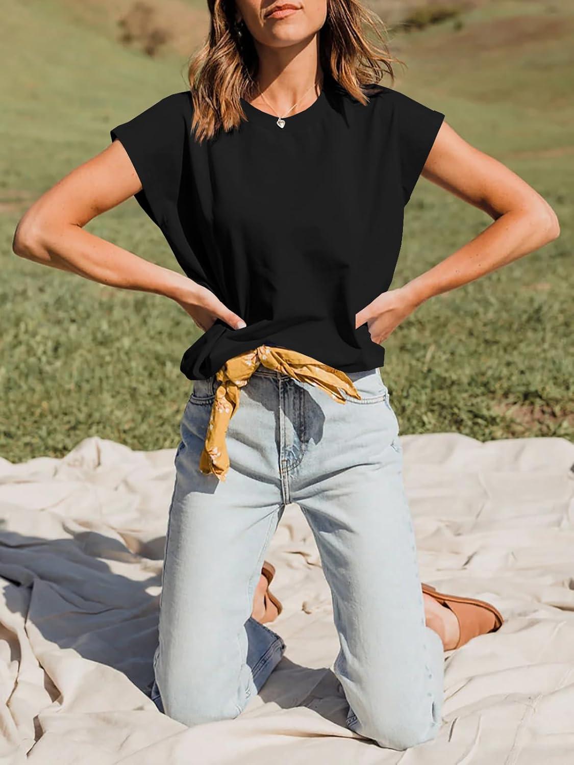 imageTankaneo Women Short Cap Sleeve Tops Summer Casual Banded Sweatshirt Crew Neck Loose Fit TShirtsBlack