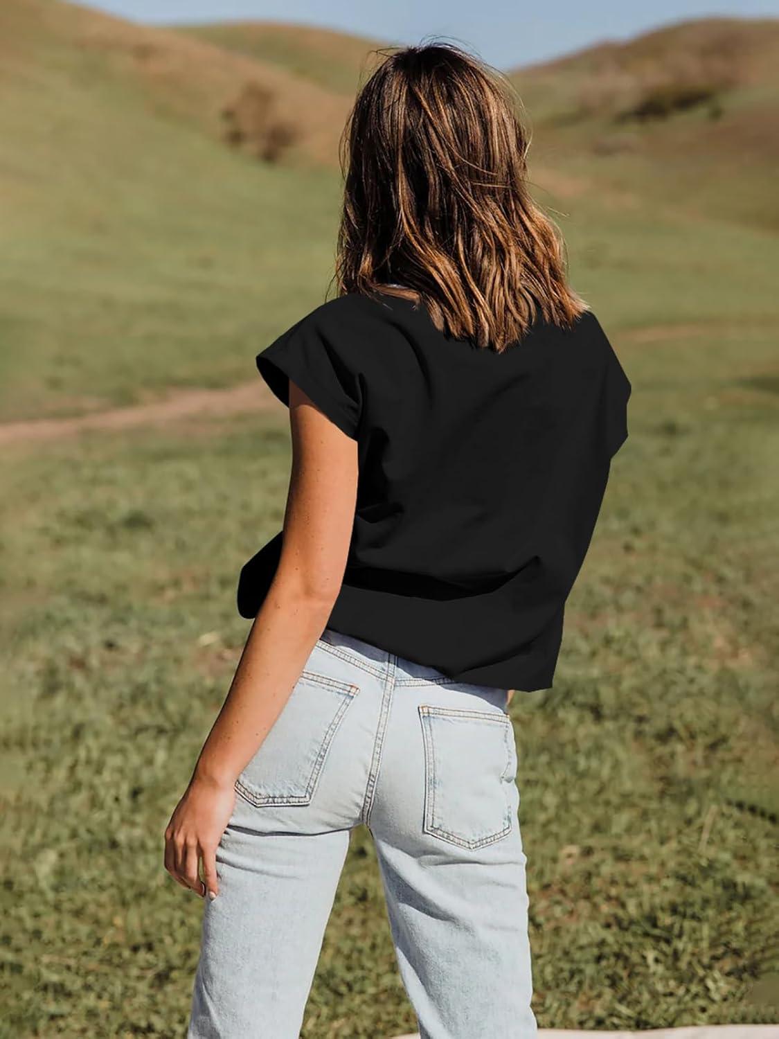 imageTankaneo Women Short Cap Sleeve Tops Summer Casual Banded Sweatshirt Crew Neck Loose Fit TShirtsBlack