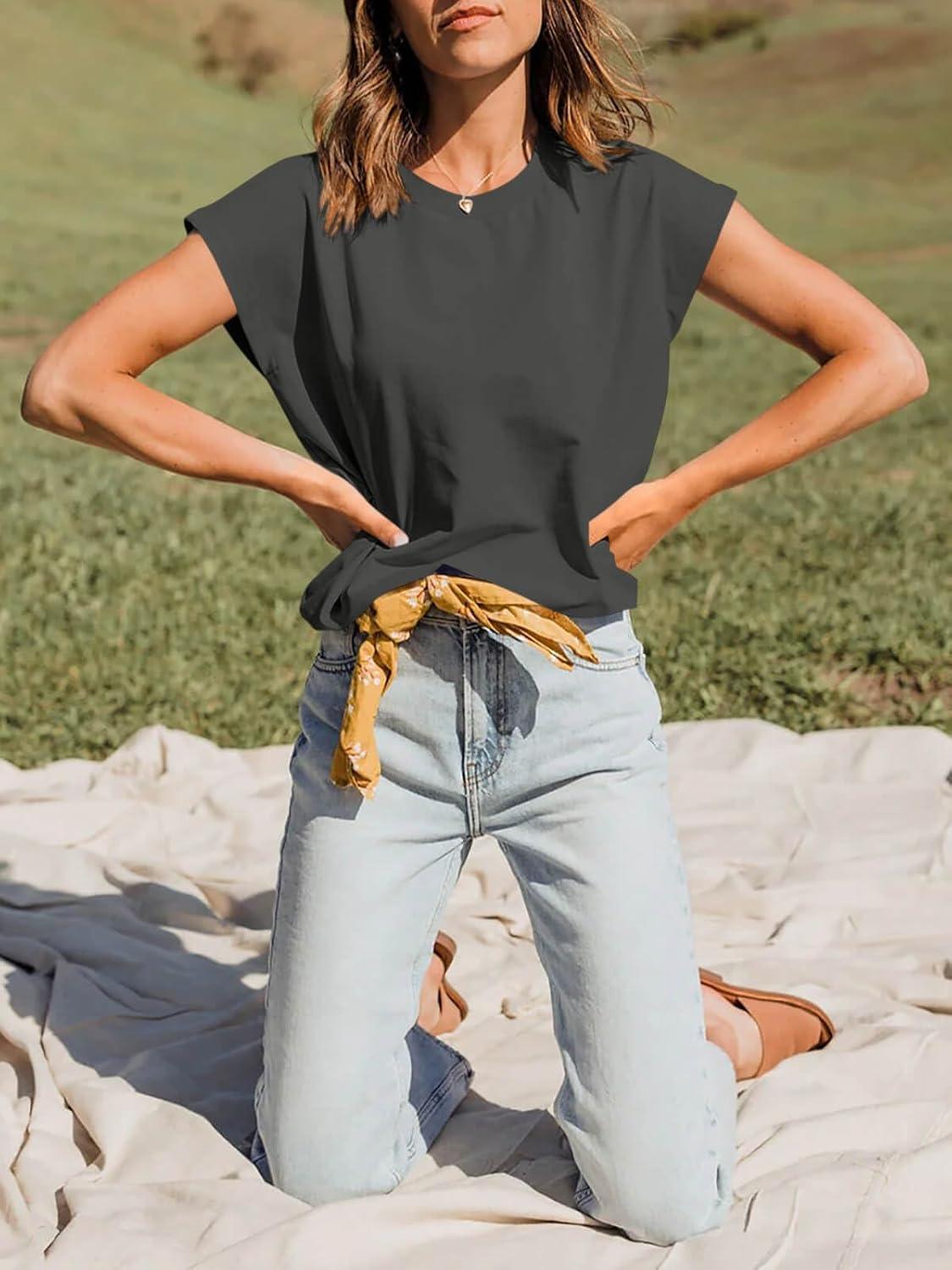 imageTankaneo Women Short Cap Sleeve Tops Summer Casual Banded Sweatshirt Crew Neck Loose Fit TShirtsGrey