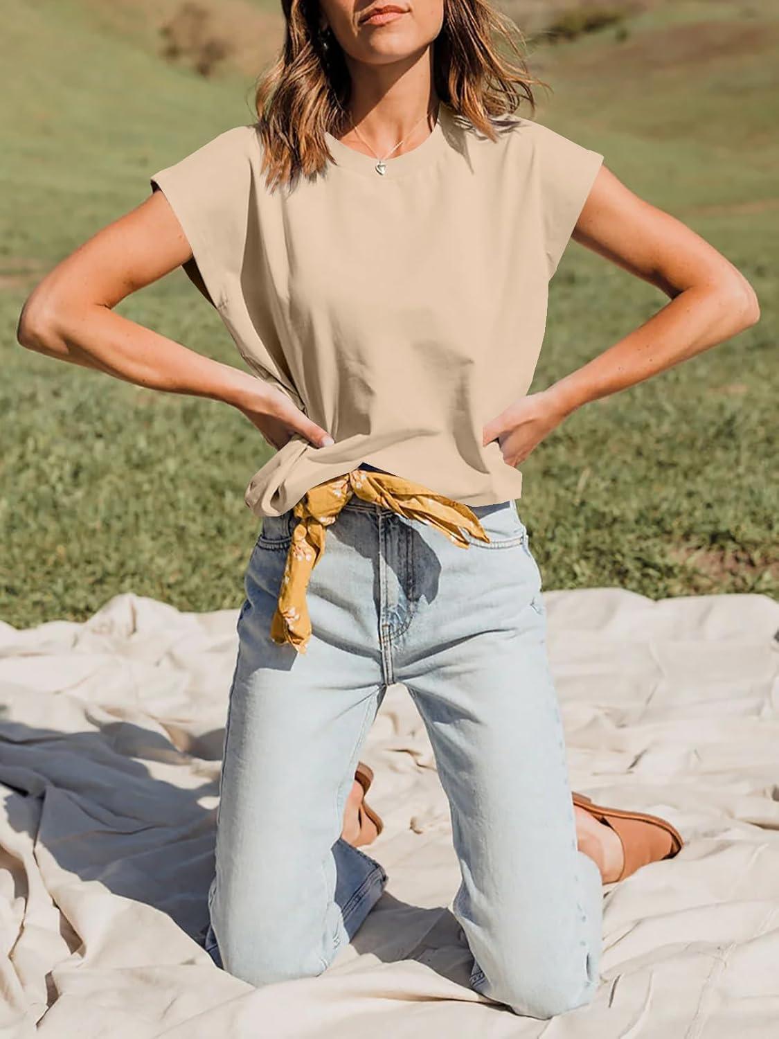 imageTankaneo Women Short Cap Sleeve Tops Summer Casual Banded Sweatshirt Crew Neck Loose Fit TShirtsKhaki