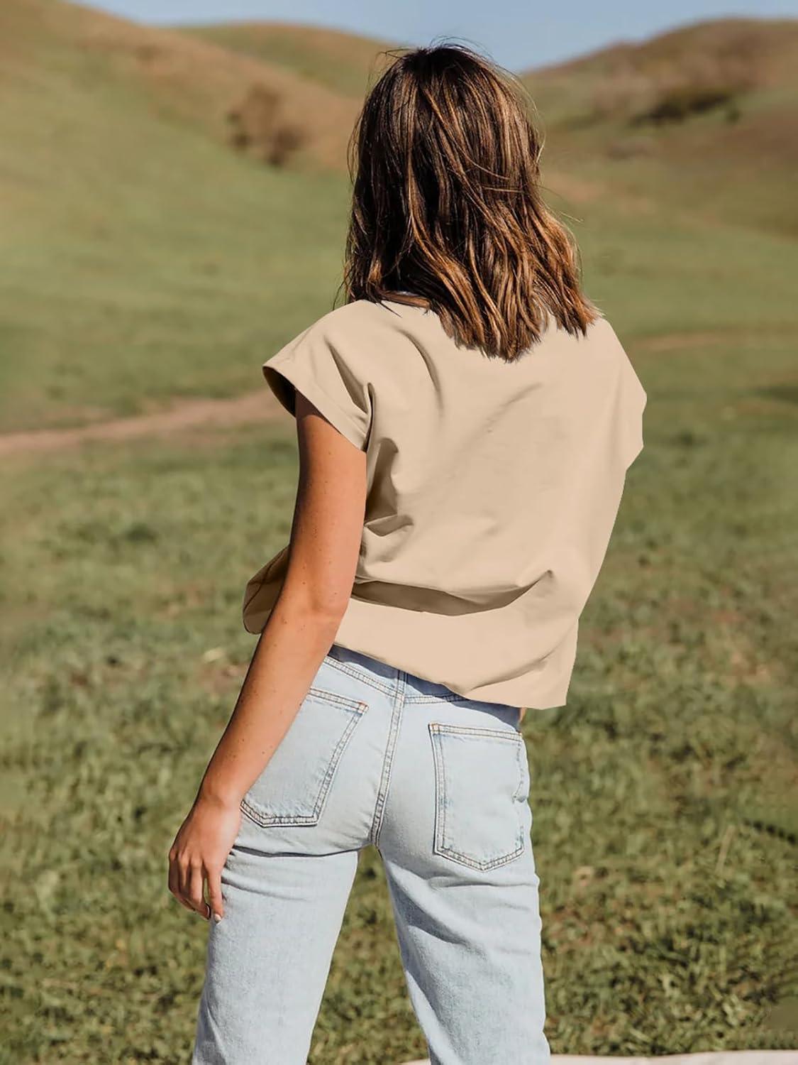 imageTankaneo Women Short Cap Sleeve Tops Summer Casual Banded Sweatshirt Crew Neck Loose Fit TShirtsKhaki