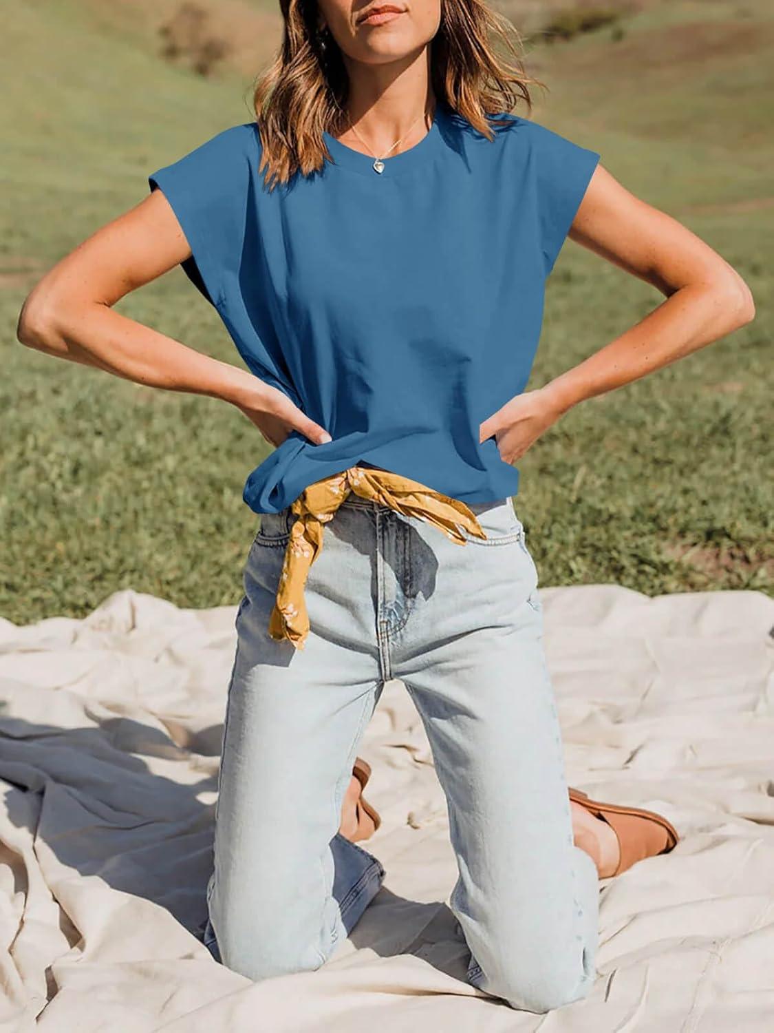 imageTankaneo Women Short Cap Sleeve Tops Summer Casual Banded Sweatshirt Crew Neck Loose Fit TShirtsLake Blue